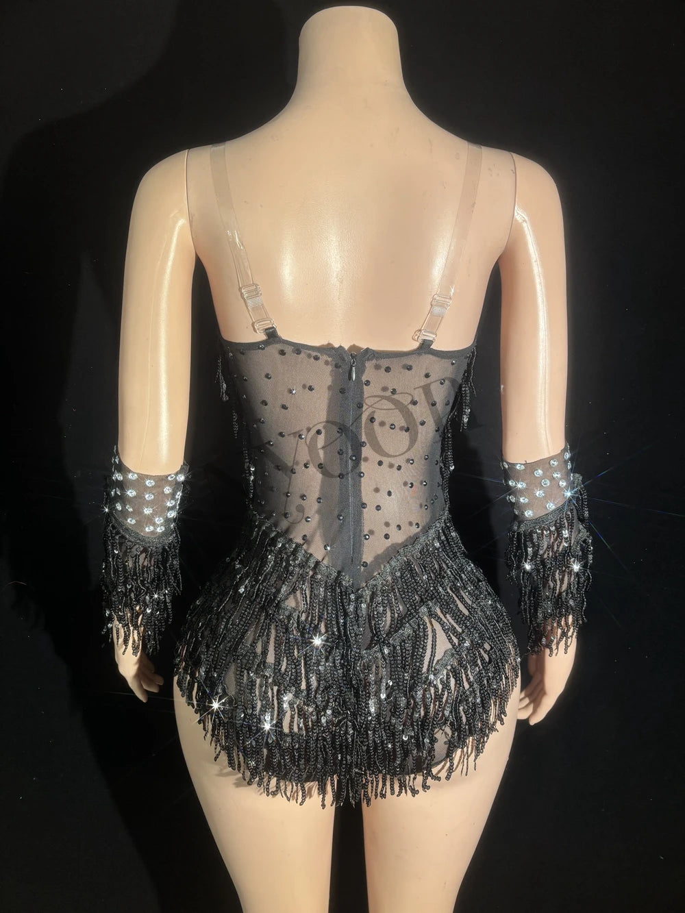 Sparkly Black Sequin & Rhinestone Tassel Bodysuit with Gloves Stage Costume