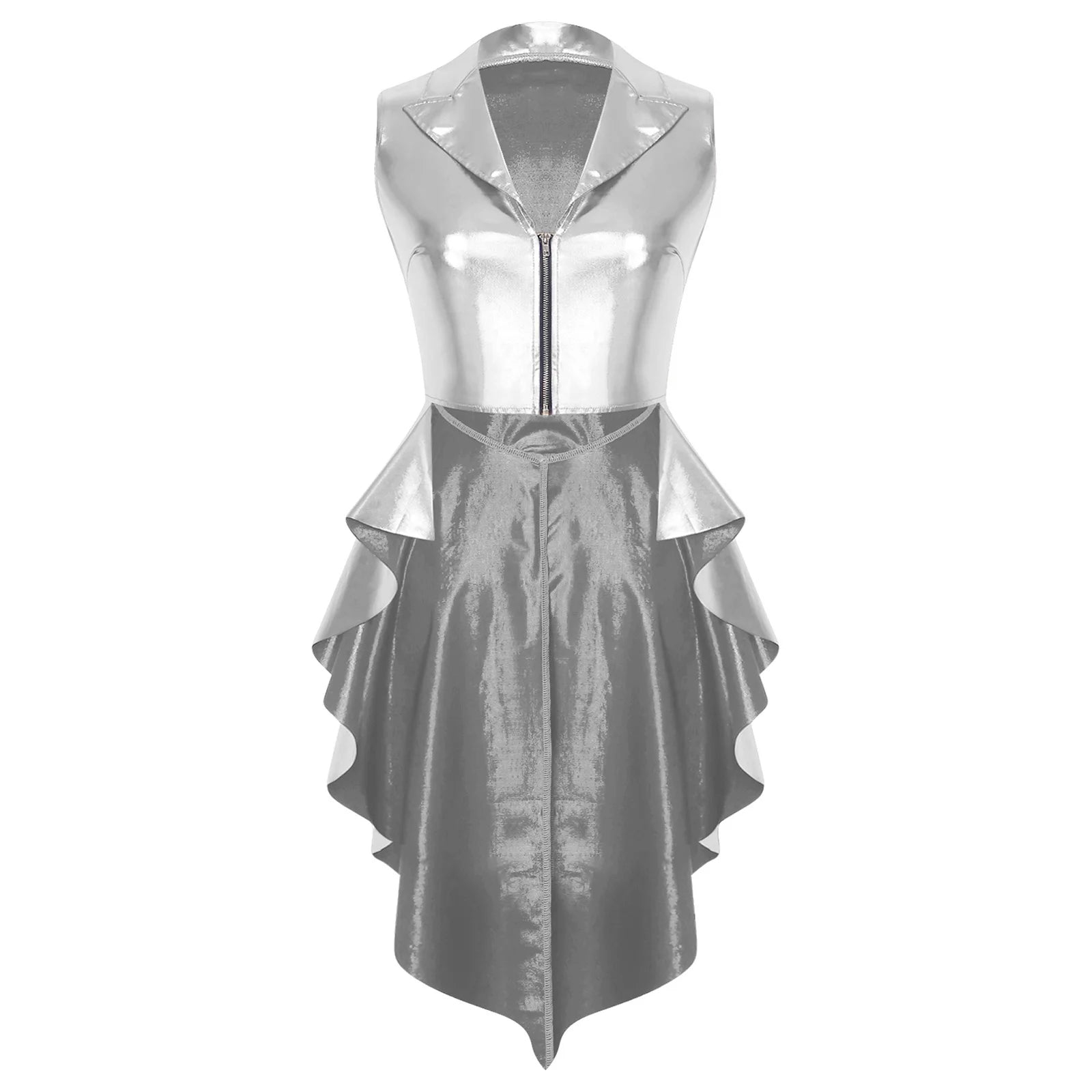 Metallic Wet-Look Sleeveless Tailcoat Jacket with Asymmetrical High-Low Hem