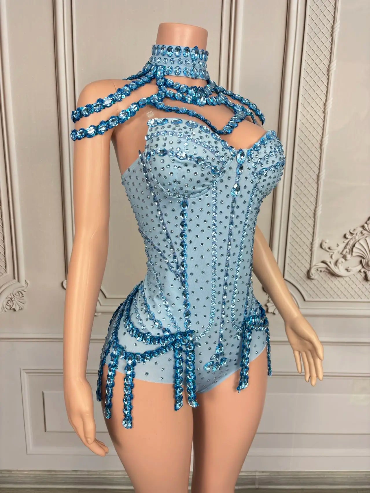 Sparkly Rhinestone Tassel Spandex Bodysuit Halter Dance Stage Costume Leotard