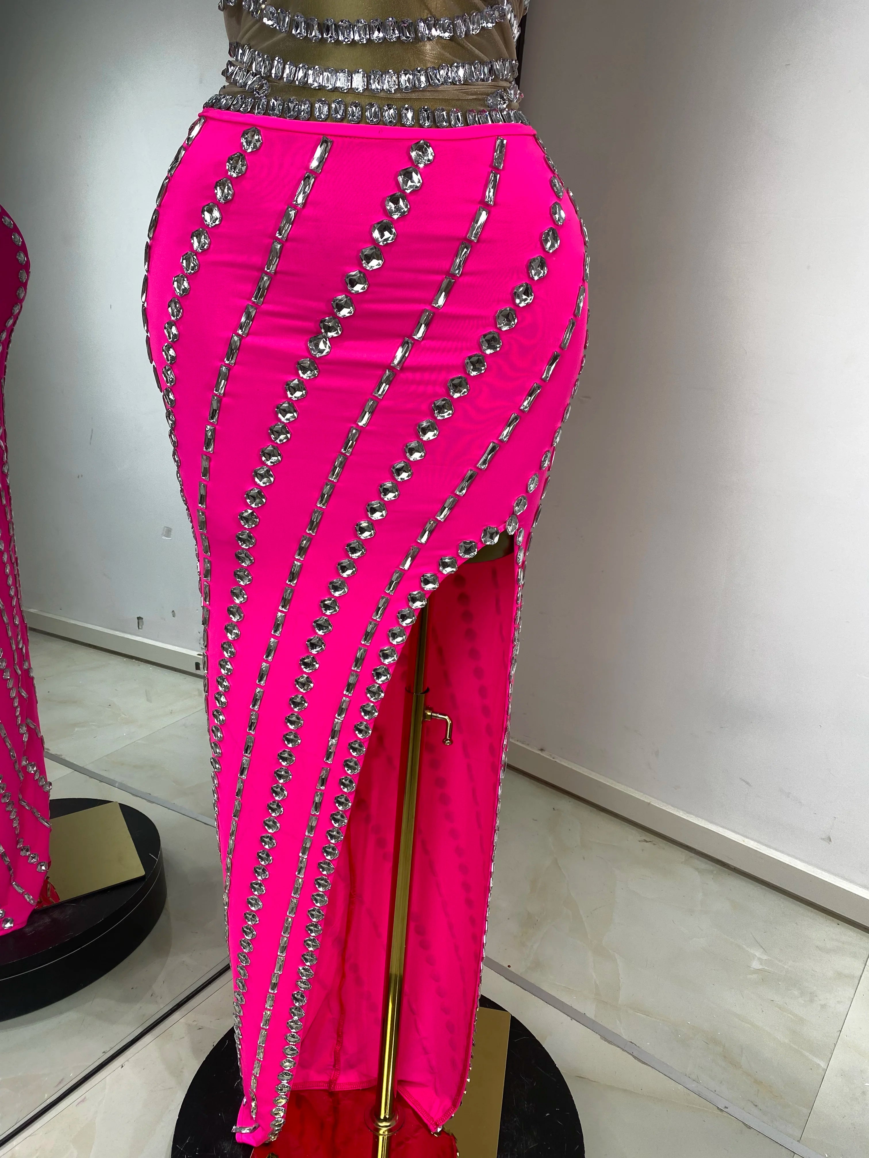 Hot Pink Rhinestone & Tulle Inset Open-Leg Maxi Evening Gown