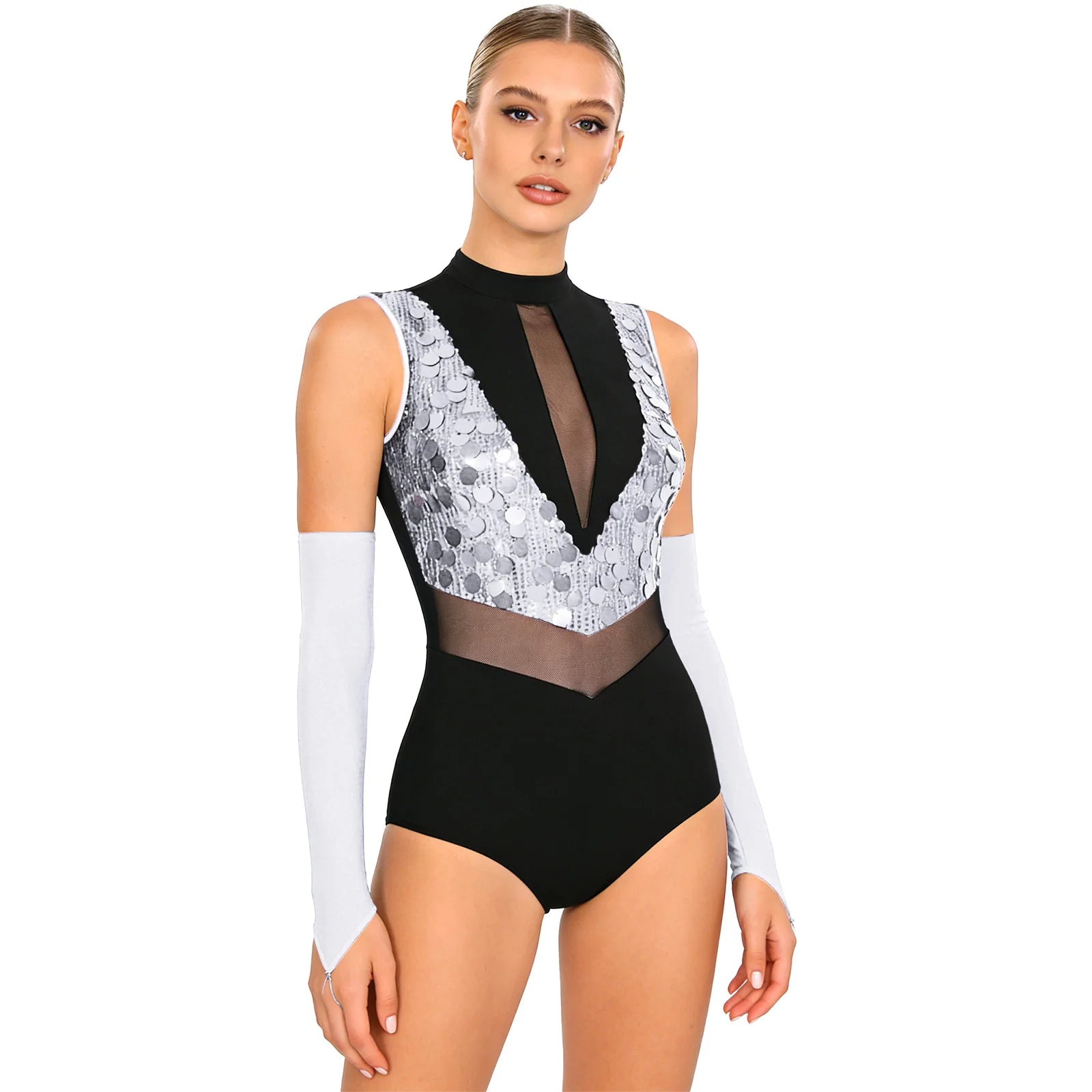 Sparkly Sequin Mock Neck Dance Leotard & Gloves Two-Piece Bodysuit Set