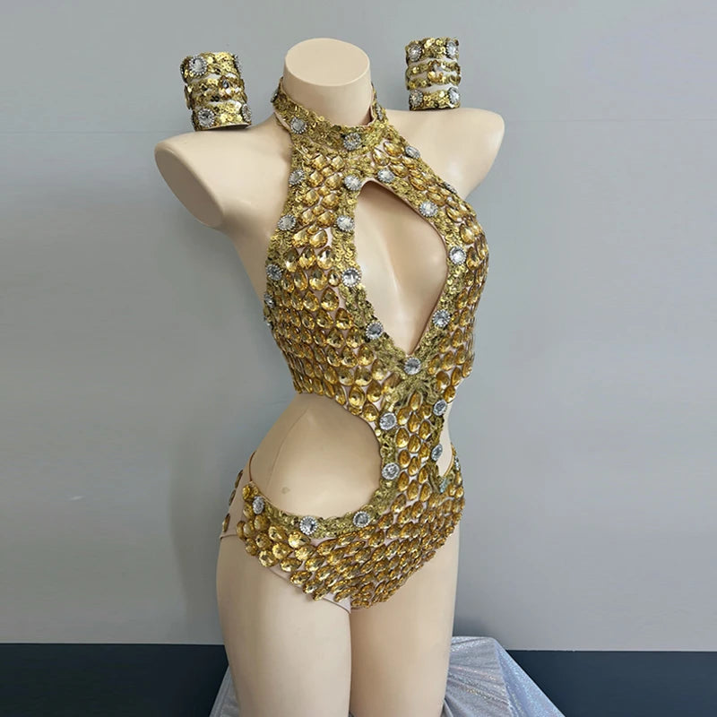 Gold Hollow-Out Rhinestone Bodysuit & Wristband Gogo Stage Performance Costume