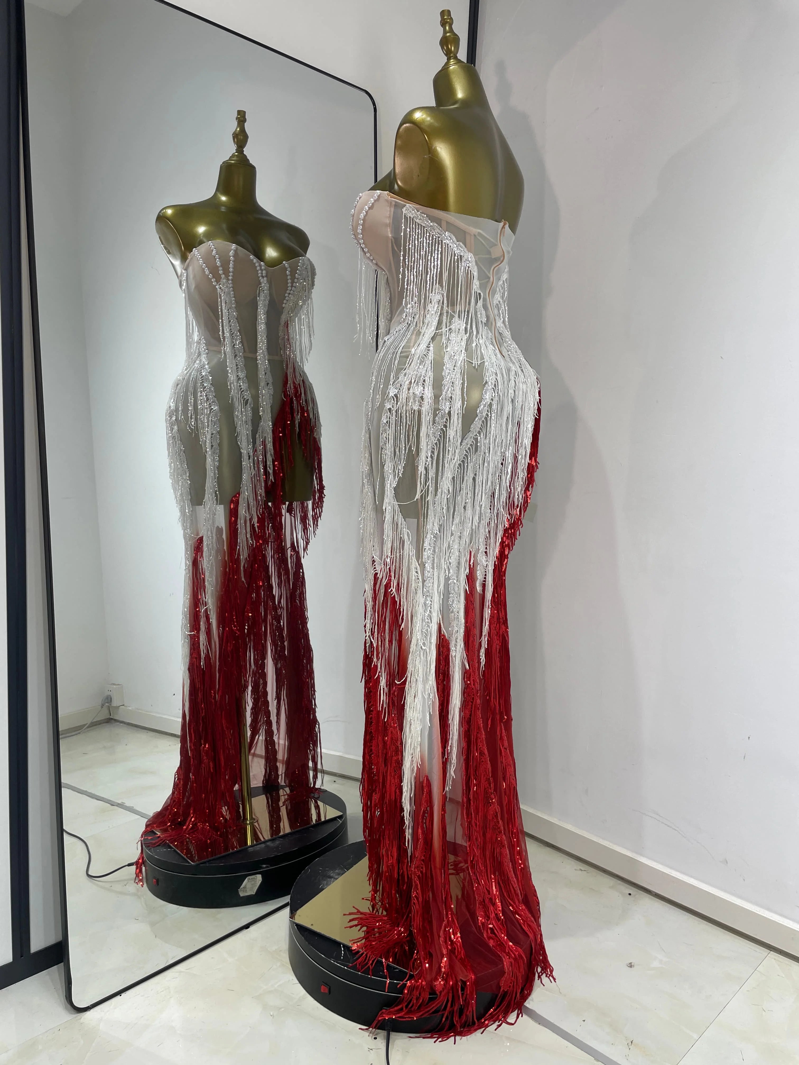 Pearl & Crystal Bustier High-Slit Maxi Gown Cascading Ombré Fringe Evening Dress