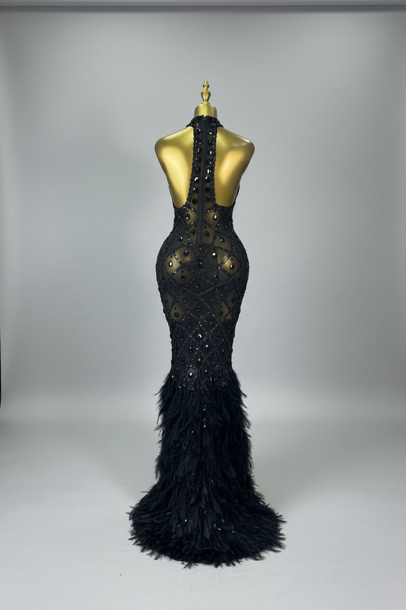 Luxury Rhinestone Crystal Turtleneck Gala Gown & Feather Hem Evening Maxi Dress
