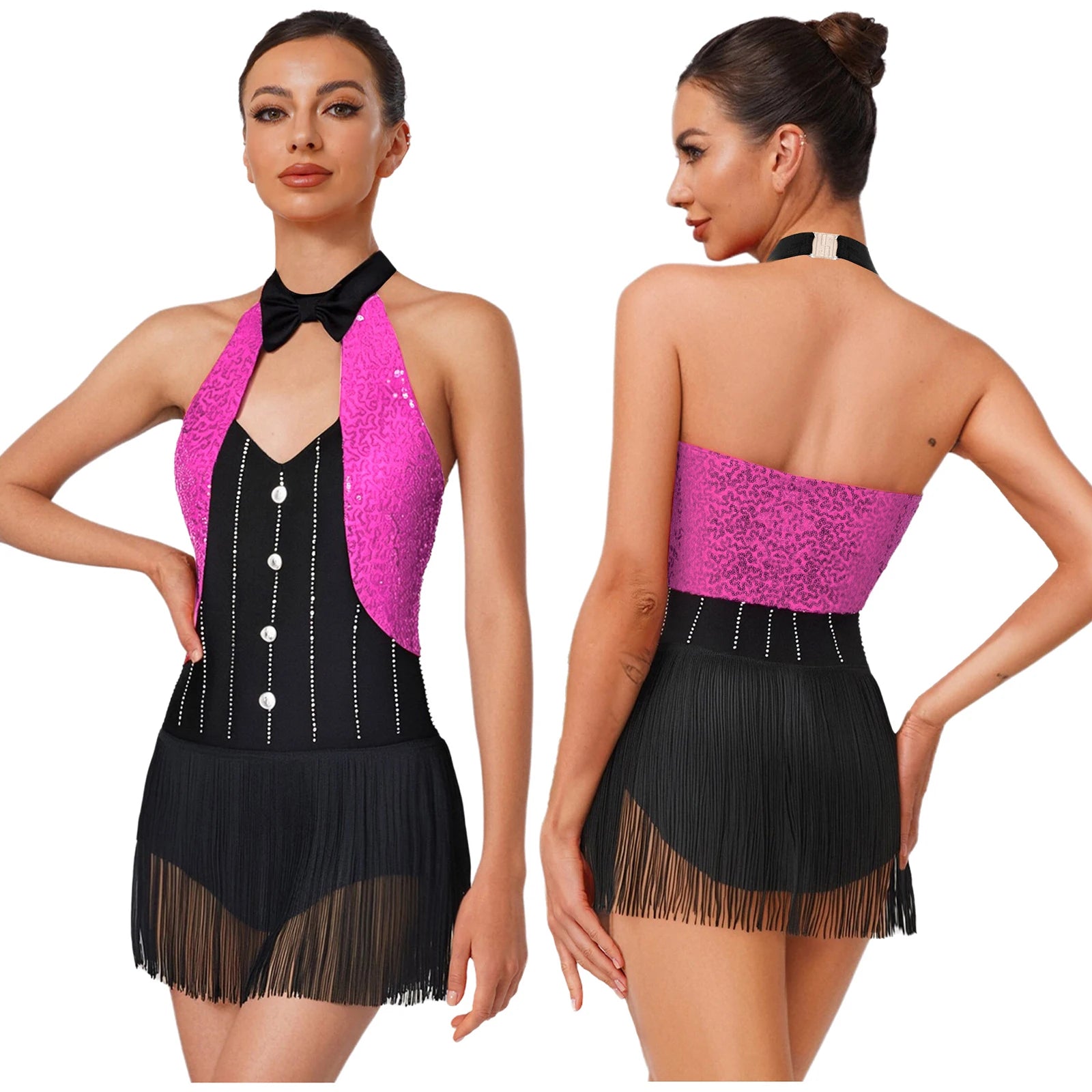 The Stardust Tuxedo Tassel Bodysuit – Luxury Sequins & Rhinestone Showgirl Leotard