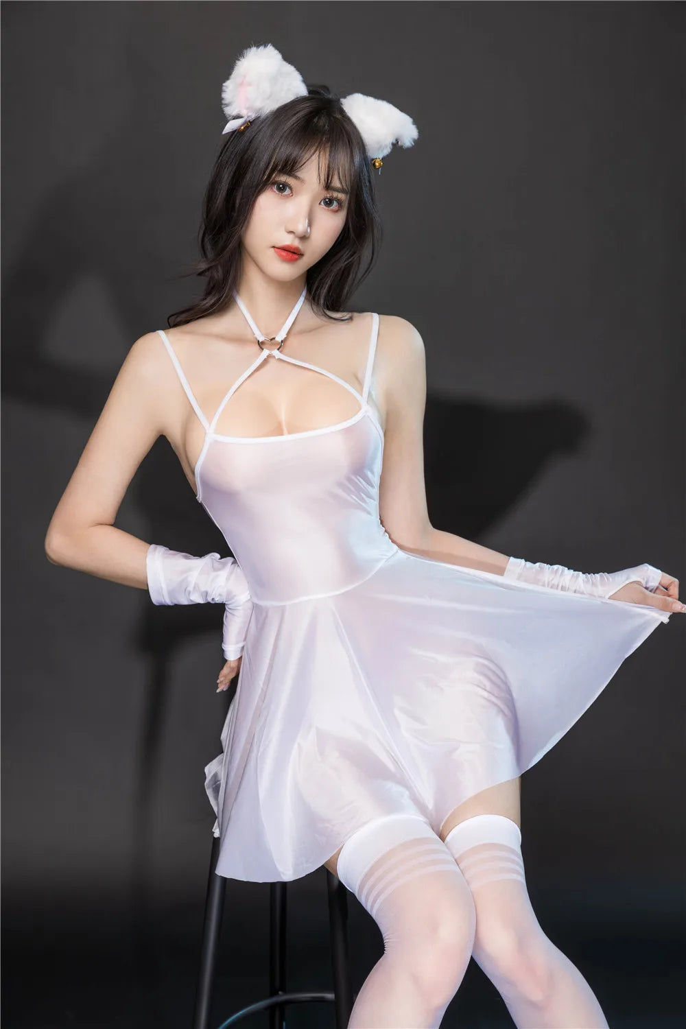 Sexy Backless Satin Smooth Oil Glossy Pleated Micro MINI Dress Bandage Sleeveless Tight Uniform Maid Ruffled Dress Stage Wear