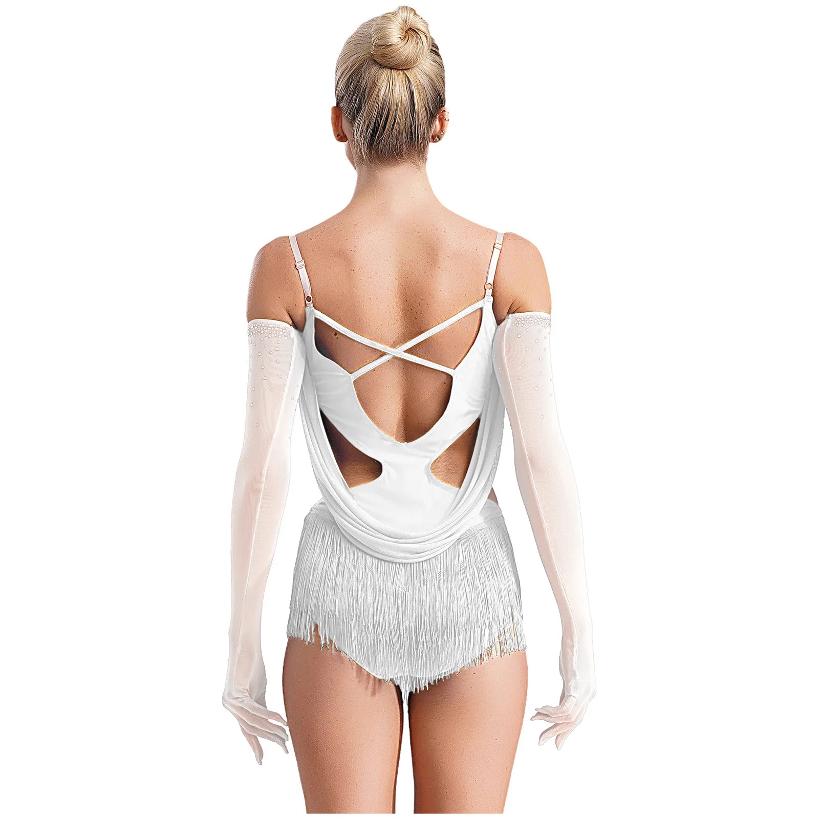 Sparkly Rhinestone & Tassel Fringe Dance Leotard with Gloves Two-Piece Stage Costume