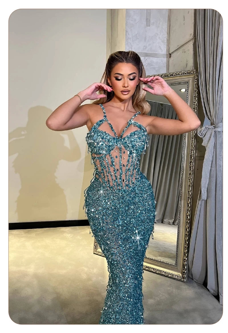 Cyan Sequin & Crystal Cross-Strap Gown