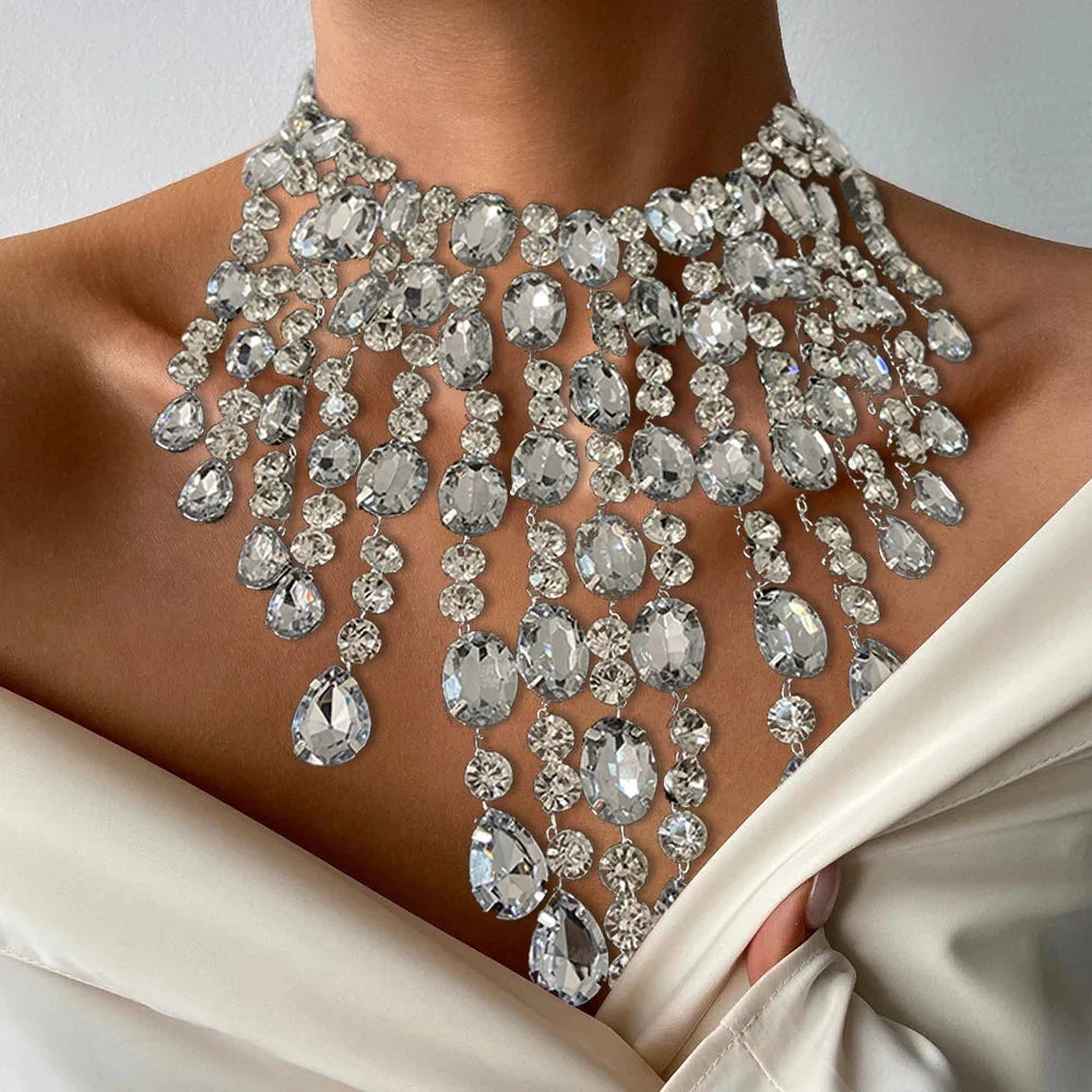 Oversized Rhinestone Fringe Choker Necklace