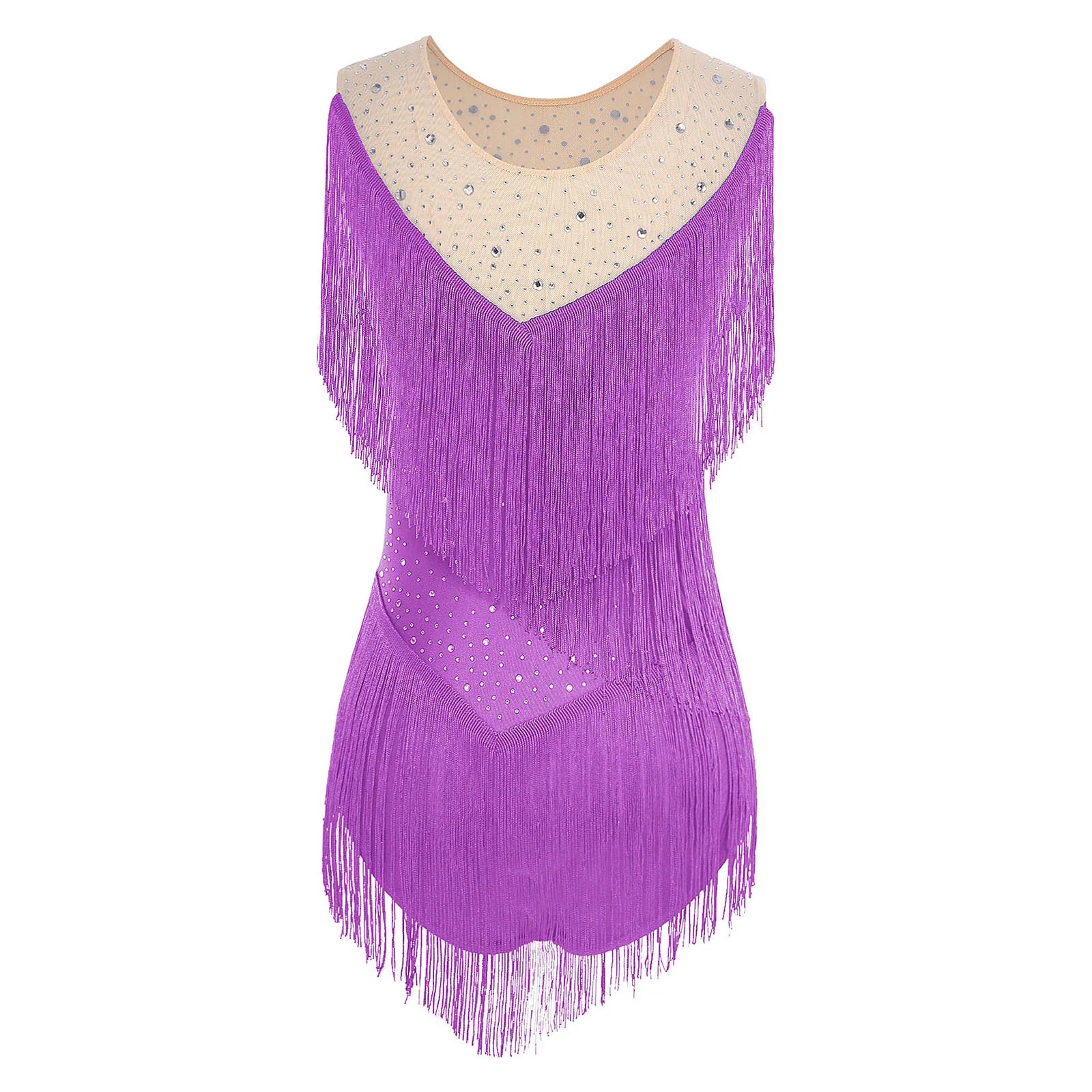 Sparkly Rhinestone & Tassel Fringe Latin Dance Leotard Crew Neck Bodysuit