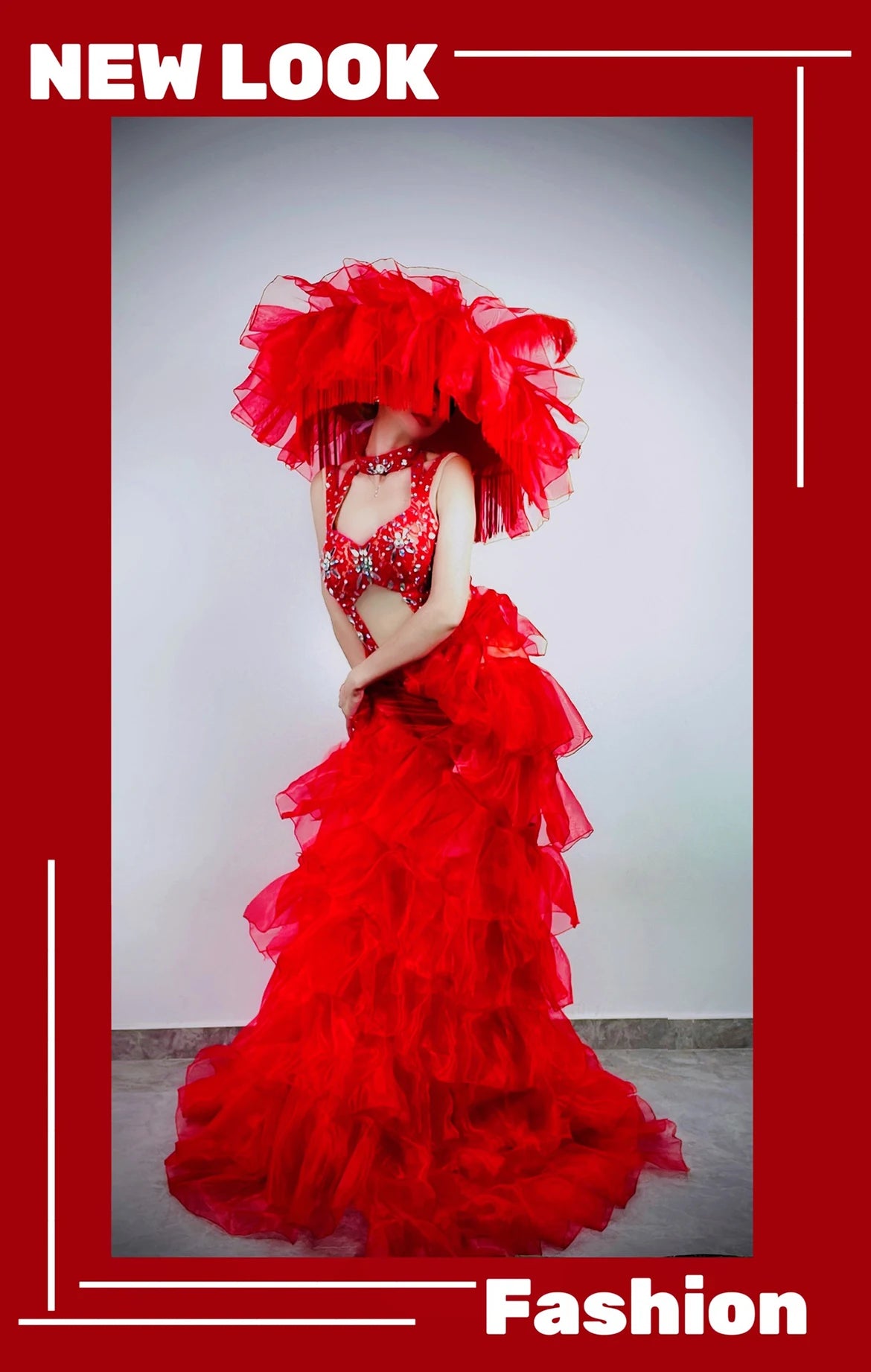 Hollow-Out Rhinestone Bodysuit & Feathered Layered Skirt Carnival Costume Set