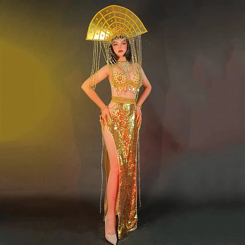 Egyptian Dance Queen Gold Rhinestone Bikini & Sequins Skirt Stage Performance Costume Set