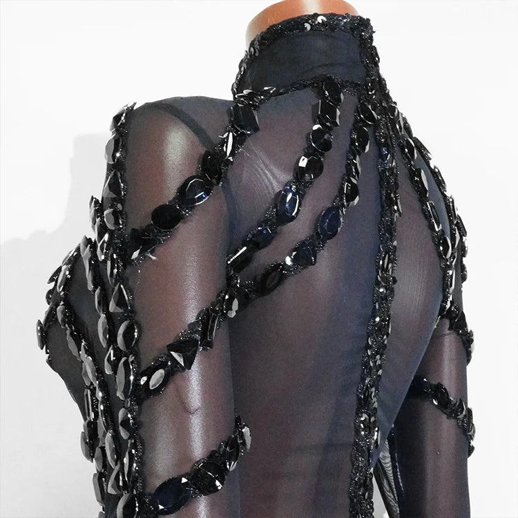 Rhinestone Mesh Jumpsuit Costume Set