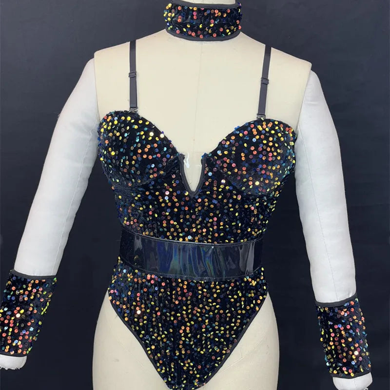Sequined Rhinestone Bodysuit & Gogo Dance Performance Outfit