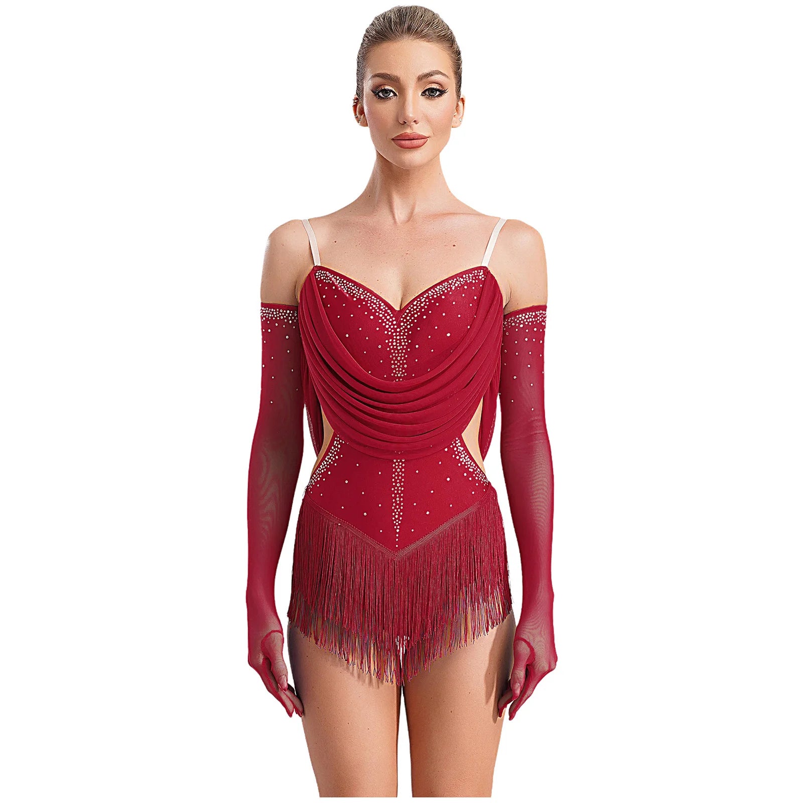 Sparkly Rhinestone & Tassel Fringe Dance Leotard with Gloves Two-Piece Stage Costume