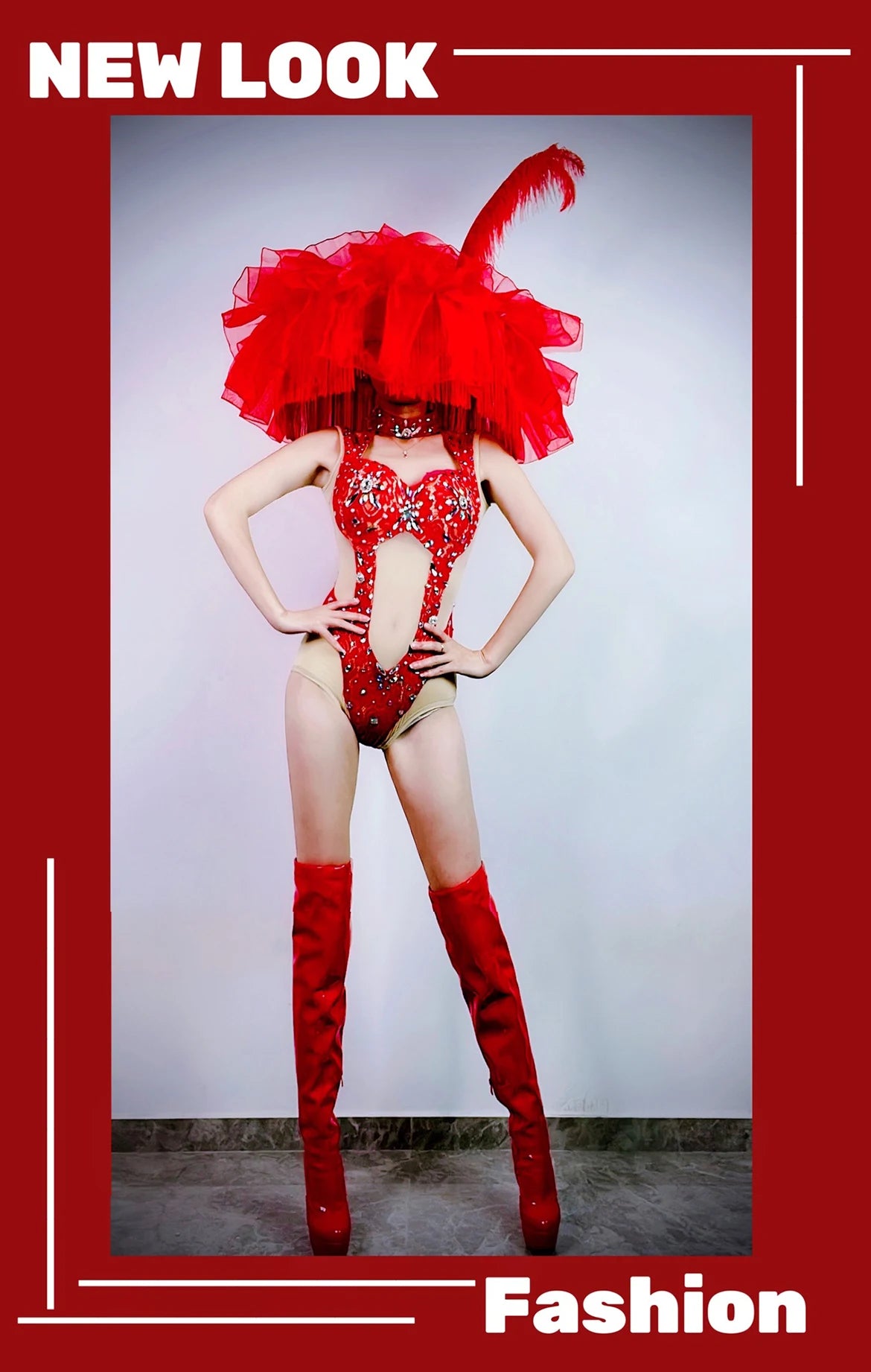 Hollow-Out Rhinestone Bodysuit & Feathered Layered Skirt Carnival Costume Set