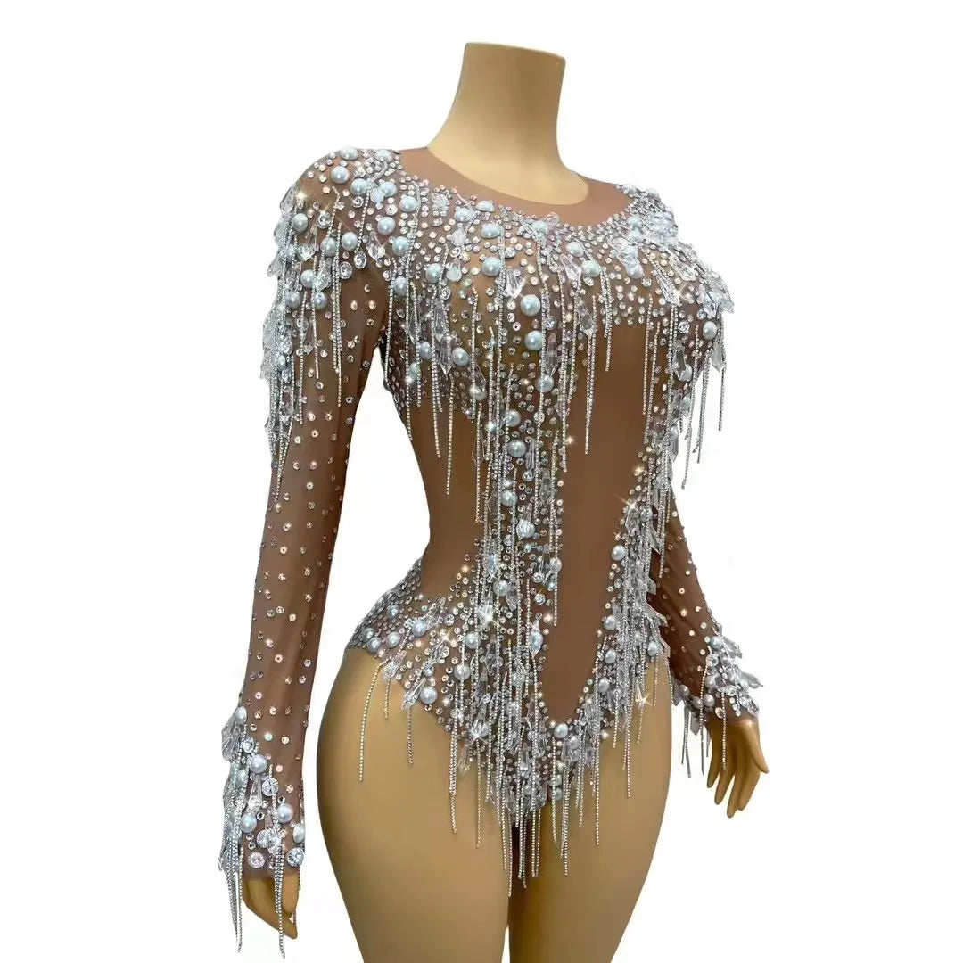 Sparkly Rhinestone, Pearl & Chain Long-Sleeve Mesh Bodysuit Stage Performance Costume