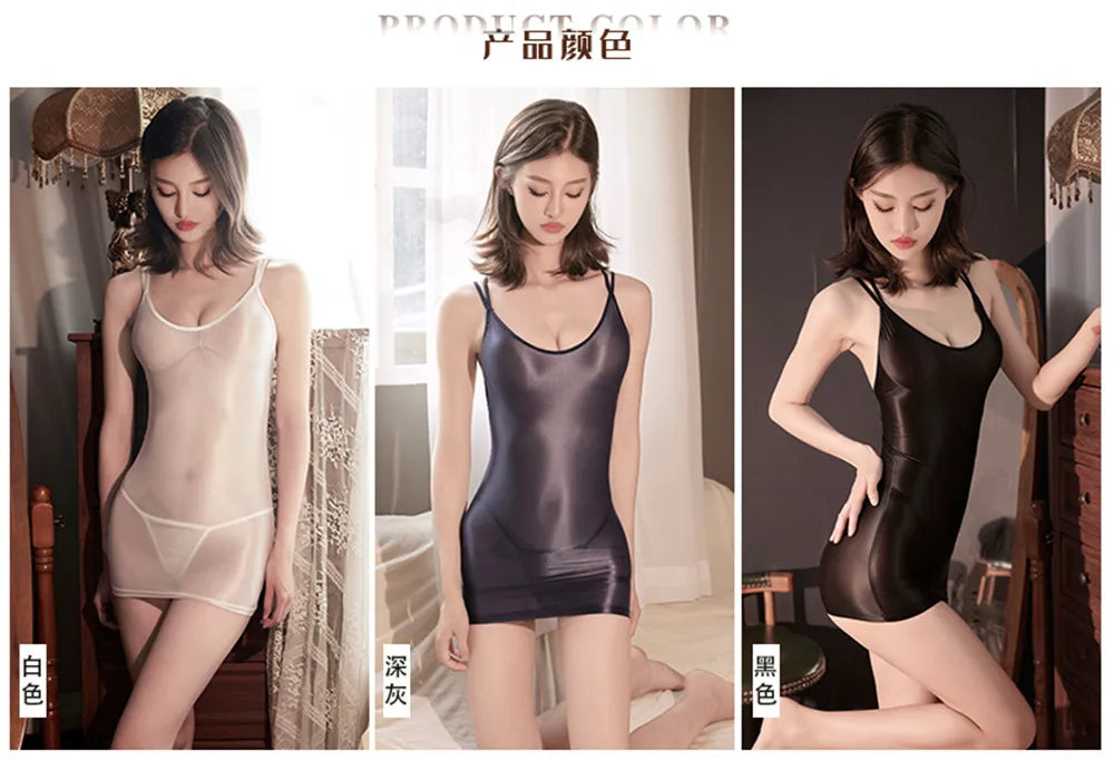 Sexy Women Tights Pencil Dress Sheer See Thorugh Micro Mini Dress Oil Glossy Shiny Elastic Bodycon Backless Wrap Hip Dress