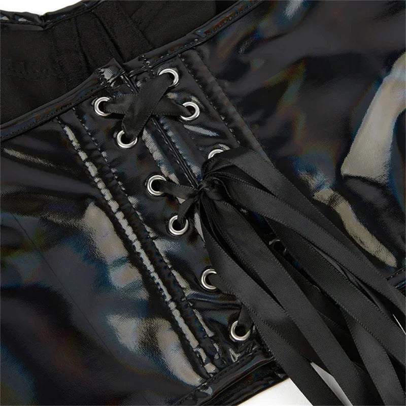 Black Shiny PU Leather Halter Corset Crop Top Push-Up Bustier Gothic Bra