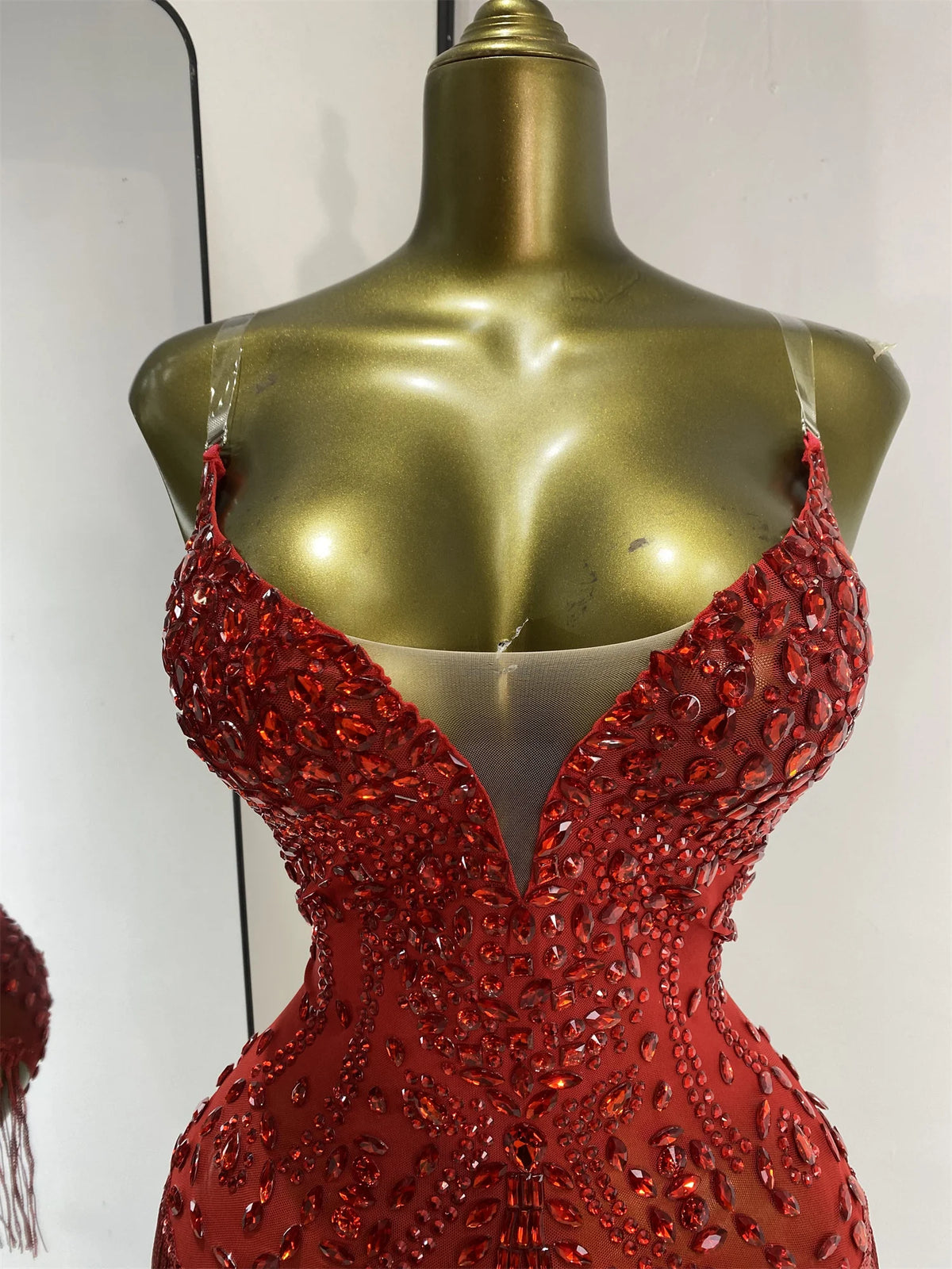 Vintage-Inspired Shiny Rhinestones Tassel Mesh Bodysuit Costume Set