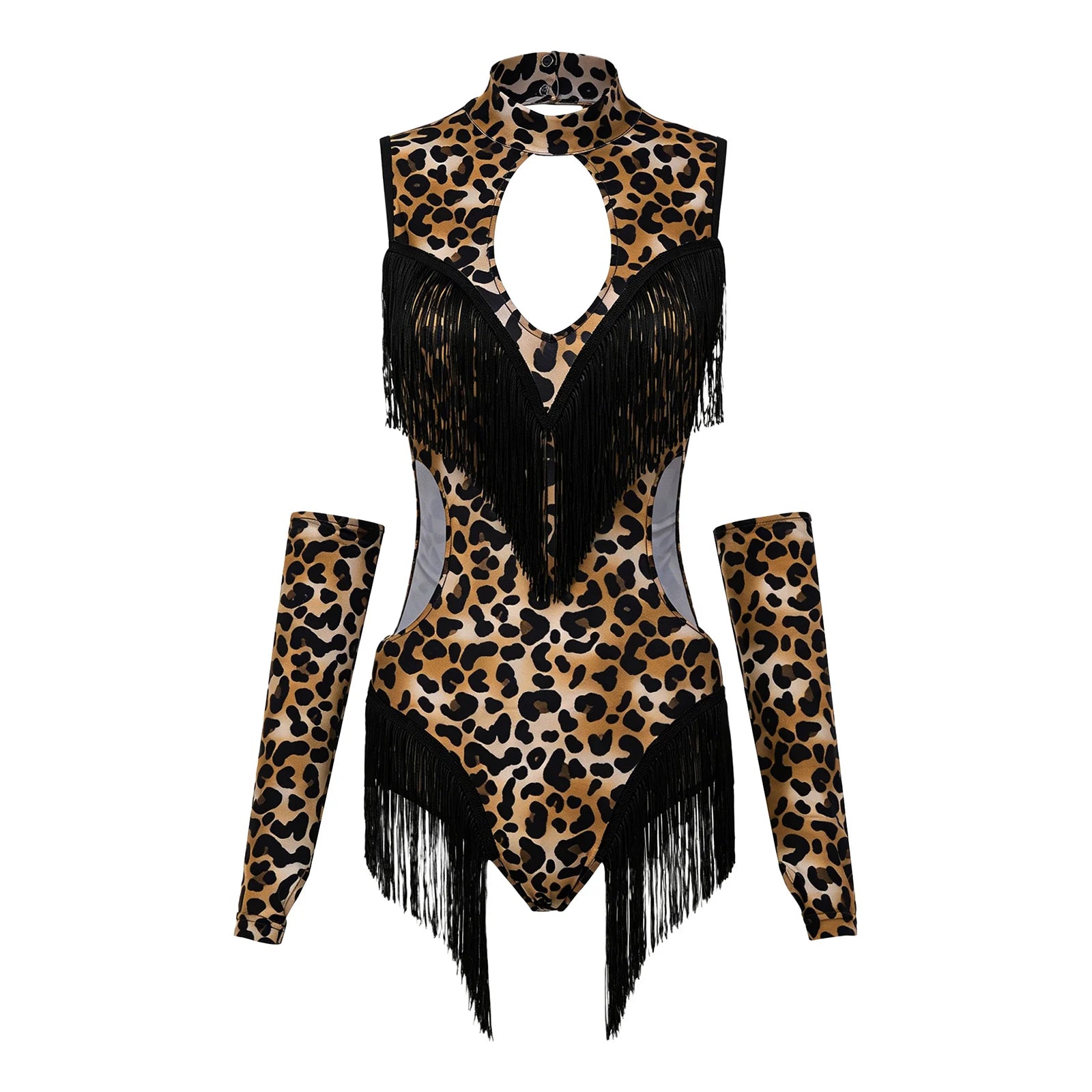 Leopard Cutout Bodysuit & Fringe Sleeves 2-Piece Latin Ballroom Stage Costume Set