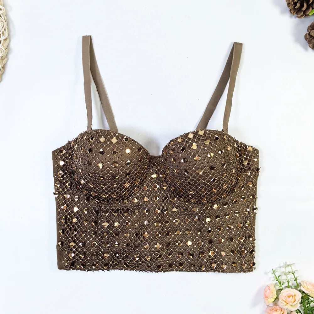 Diamond Mesh Studded Bustier Corset Crop Top High Street Evening Bralette