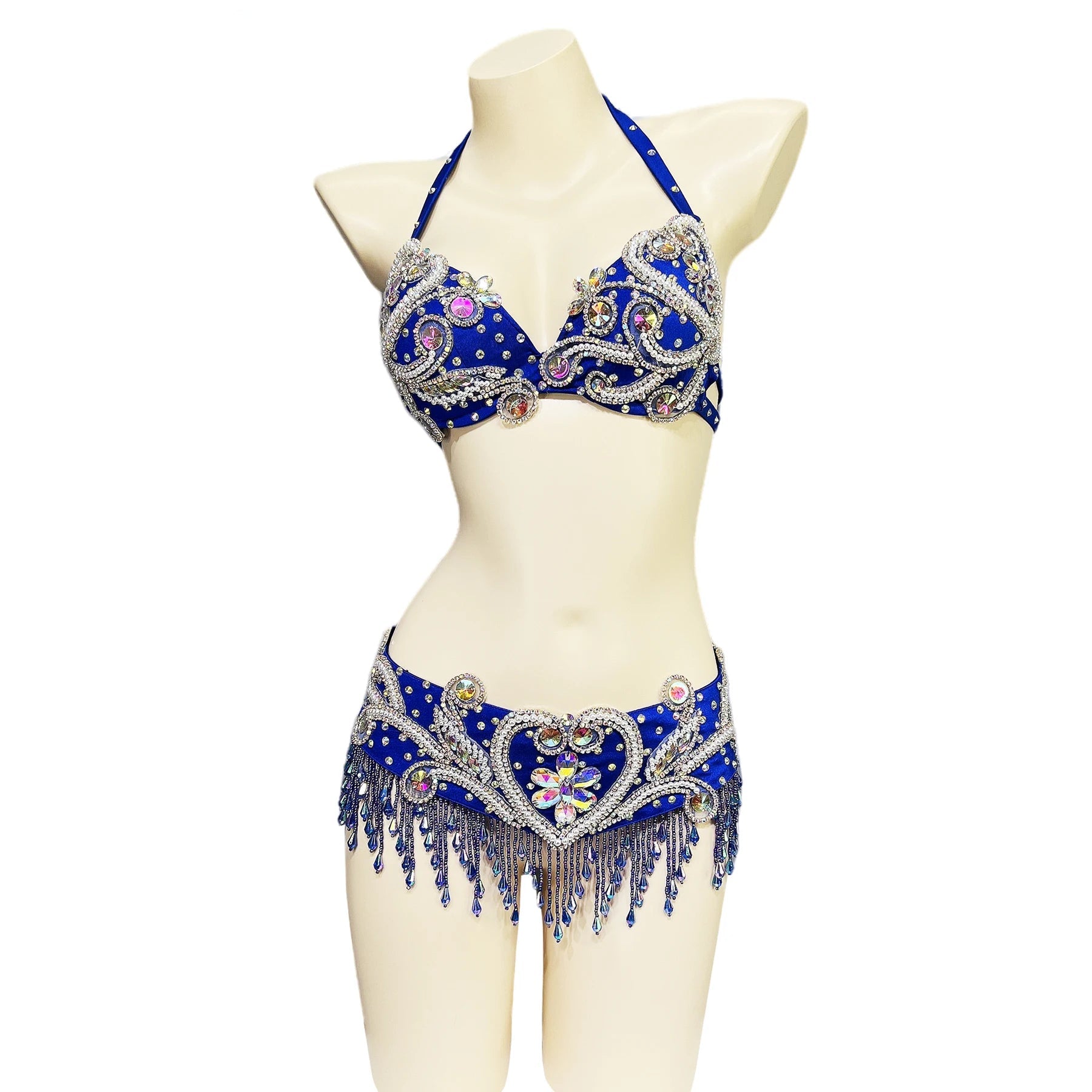 Sparkly Beaded Belly Dance Bra & Fringe Hip Belt Two-Piece Stage Costume Set