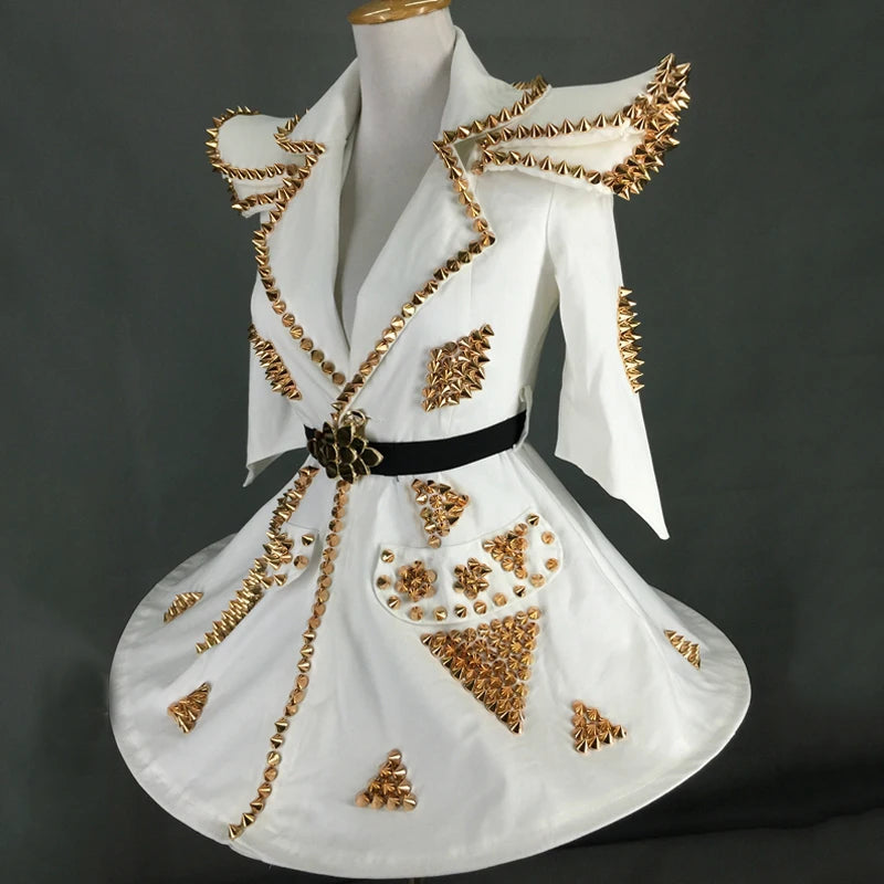 White Faux Leather Studded Stage Dress & Fluffy Skirt Pop Singer Costume Set