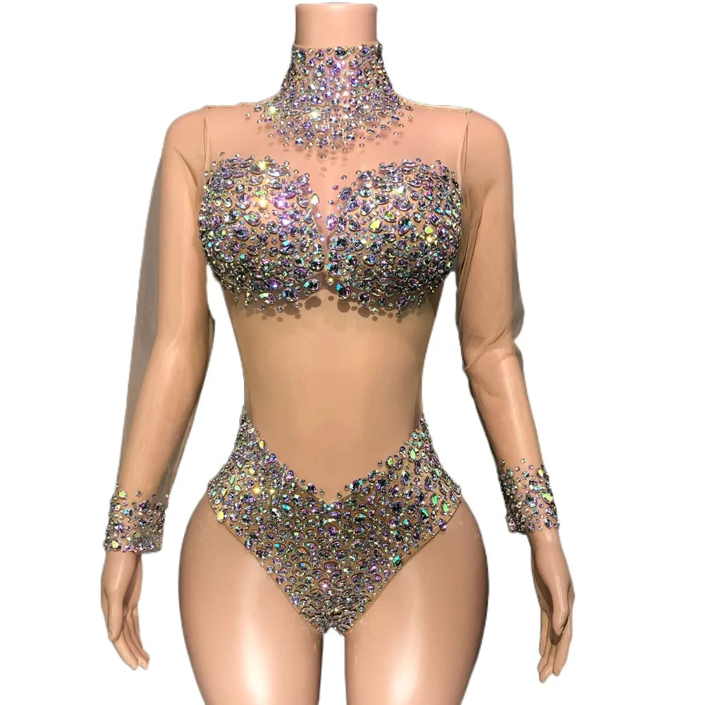 Sparkly AB Rhinestone Sheer Mesh Bodysuit & Stage Performance Costume