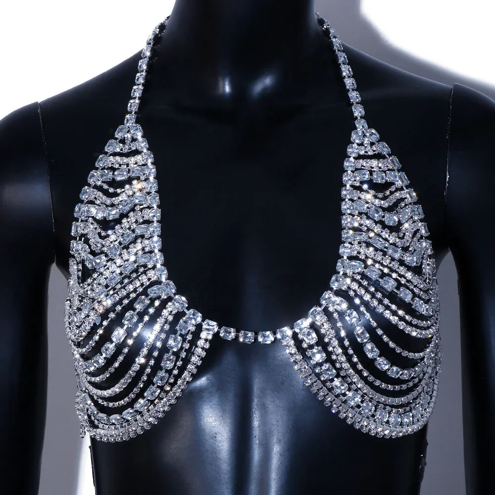 Square Rhinestone Bra Body Chain Harness