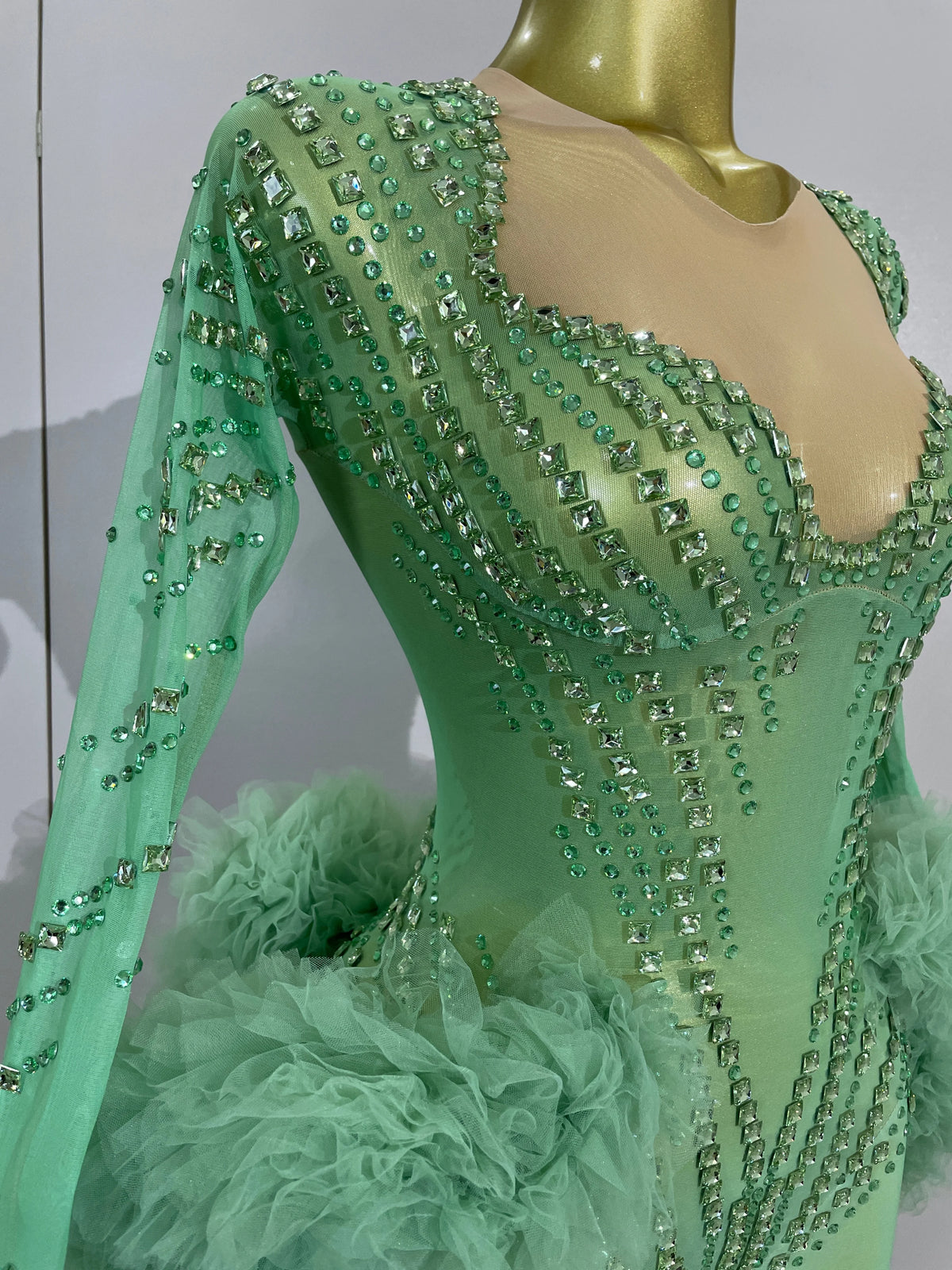 Green Rhinestone Mesh Performance Jumpsuit