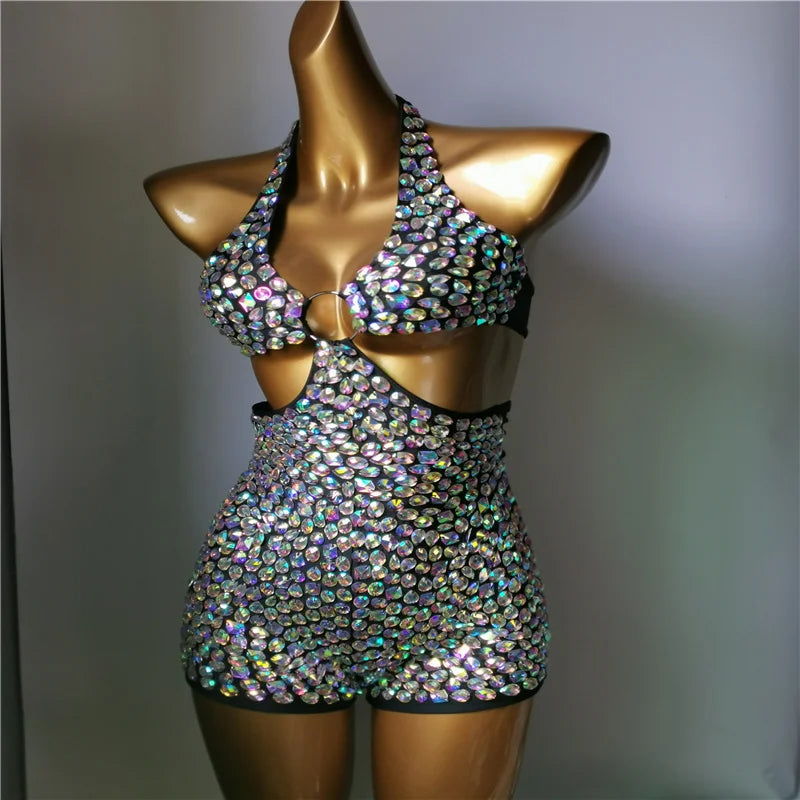 3-Piece Crystal Bra & Mesh Cover-Up Set – Luxury Rhinestone Bikini, Sling Dress & Gauze Skirt Ensemble for Festivals & Beach Clubs