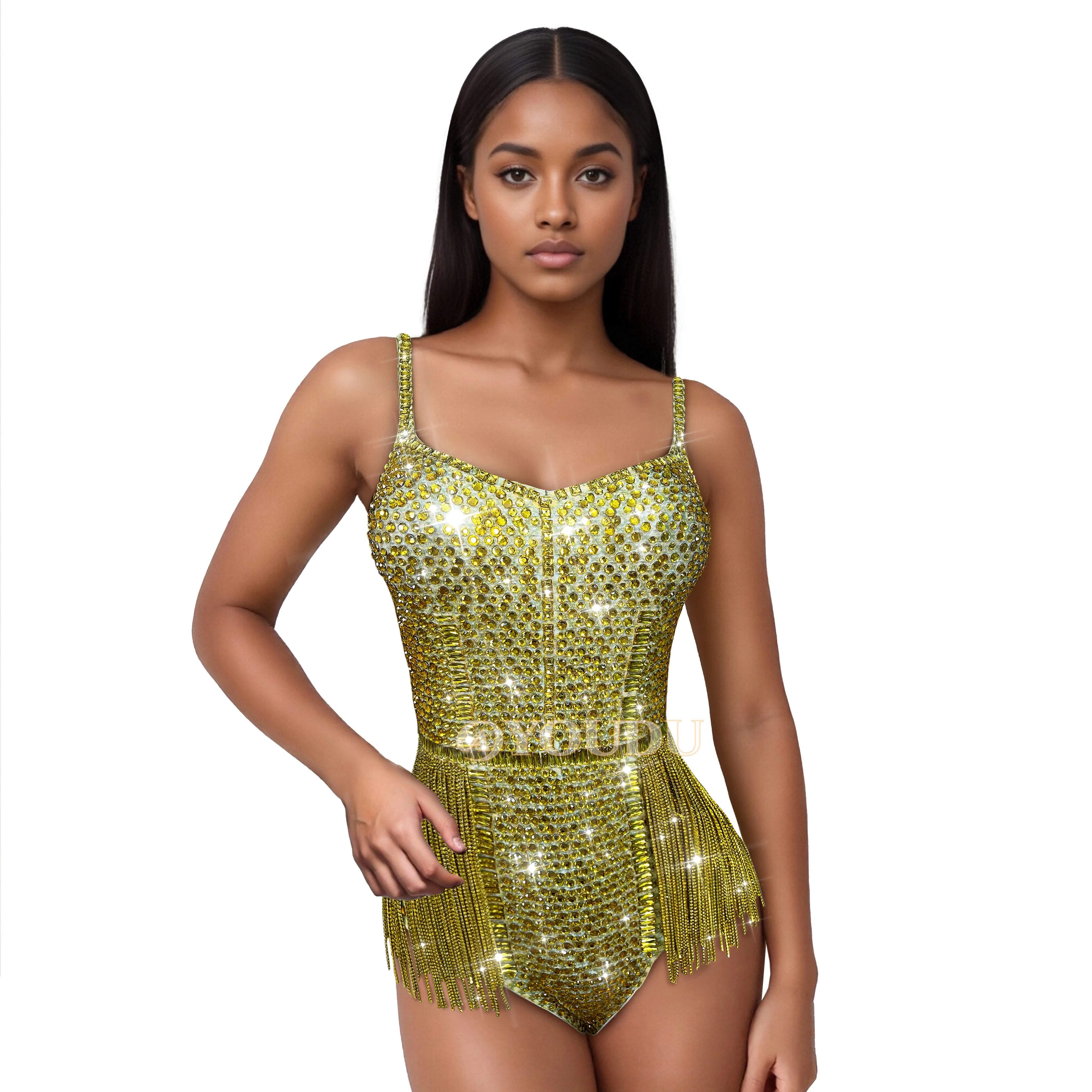 Gold Crystal Rhinestone Chain High-Cut Stage Performance Bodysuit Leotard