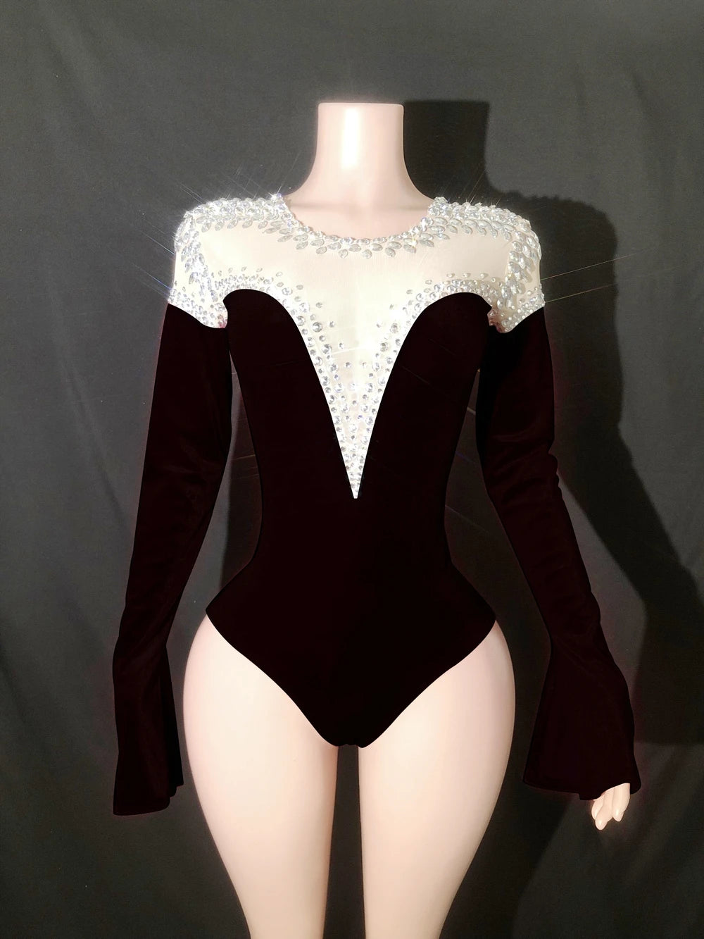 Sparkly Rhinestone Long-Sleeve Bodysuit Stage Performance Costume