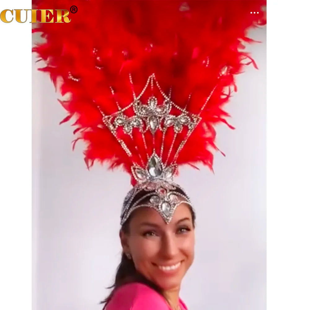 CUIER Passionate red feather headpiece for women Festival hair Accessories huge size rhinestone Headwear Exaggerated