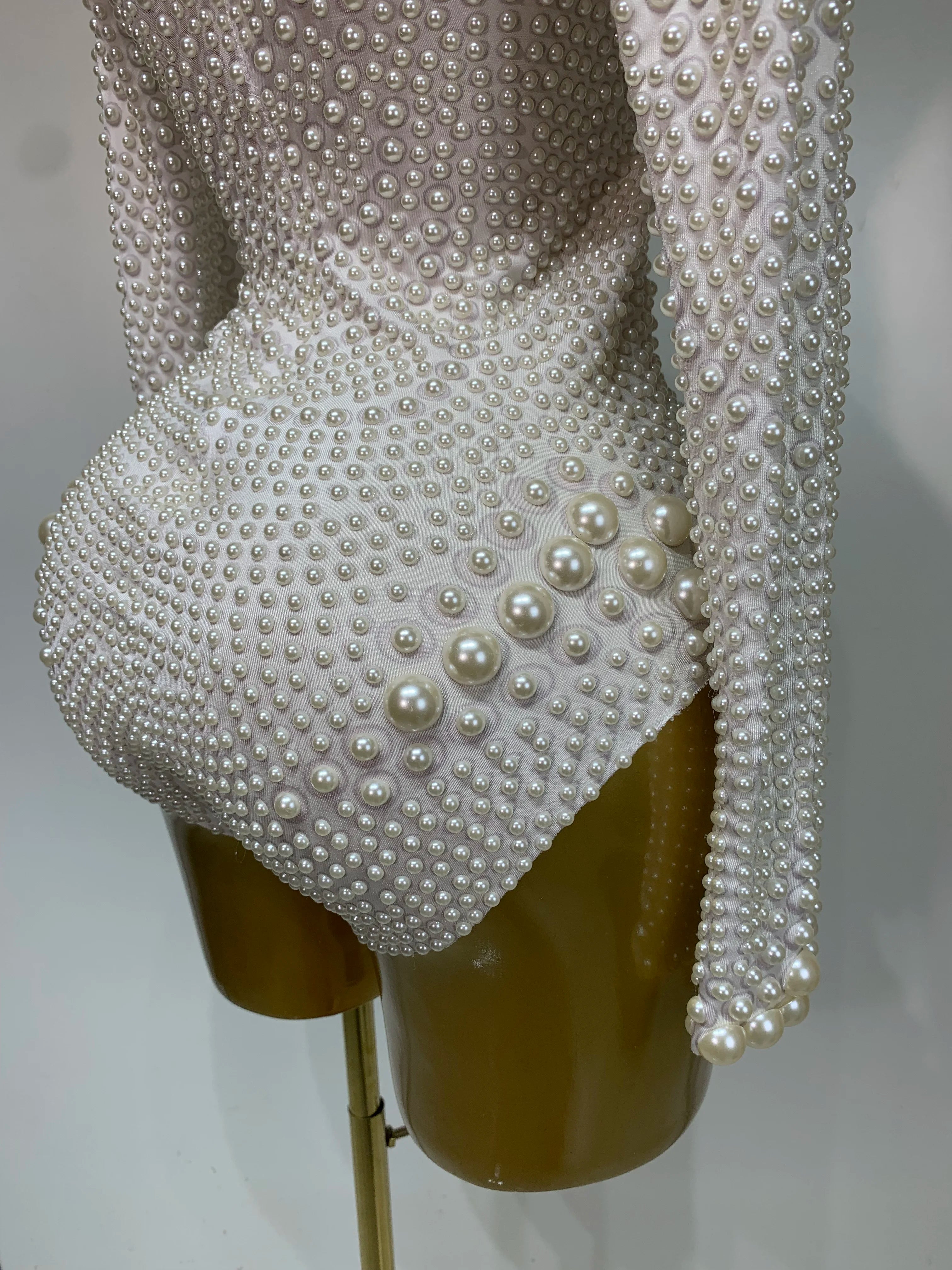 Luxury Pearl Long Sleeve Spandex Stretch Bodysuit Evening Stage Performance Costume