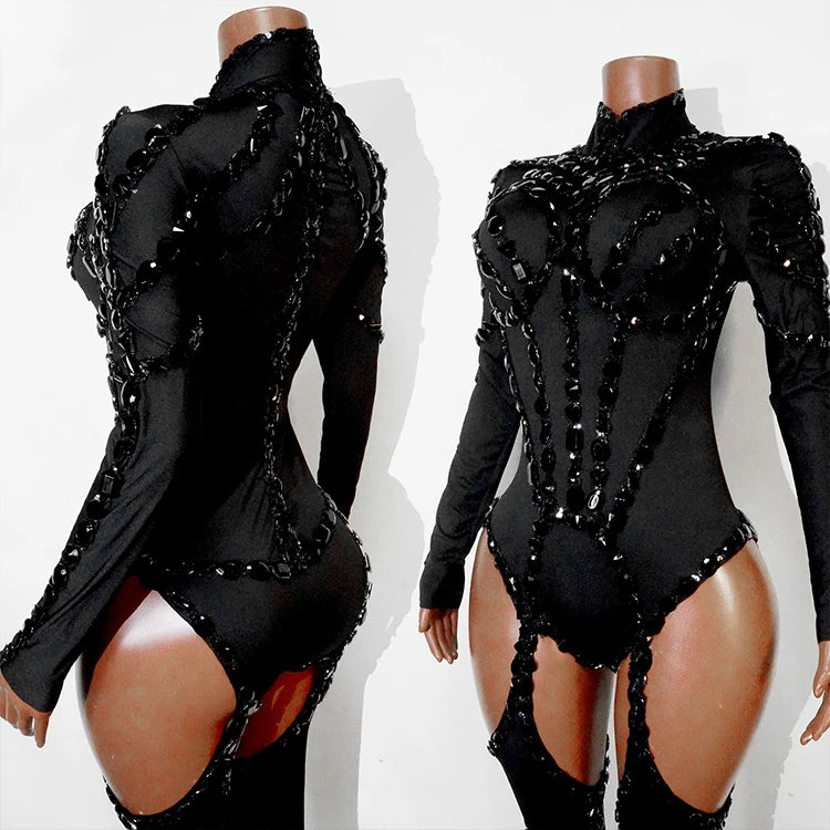 Rhinestone Mesh Jumpsuit Costume Set