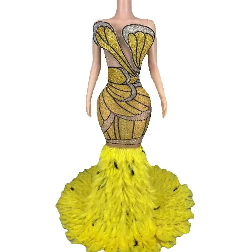 Women's Gold & Silver Crystal Mesh Feather Maxi Dress | Luxury Gown for Birthday, Prom & Stage