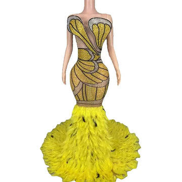 Women's Gold & Silver Crystal Mesh Feather Maxi Dress | Luxury Gown for Birthday, Prom & Stage
