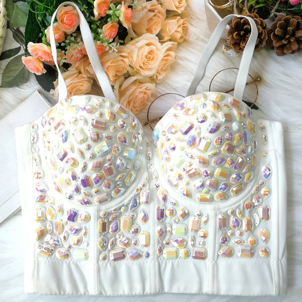 Sparkly Diamond Rhinestone Corset Top Showgirl Stage Performance Push-Up Bustier