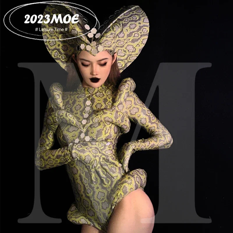 Cobra Serpent Rhinestone Bodysuit & Sculpted Cobra Hood Headdress Stage Costume Set