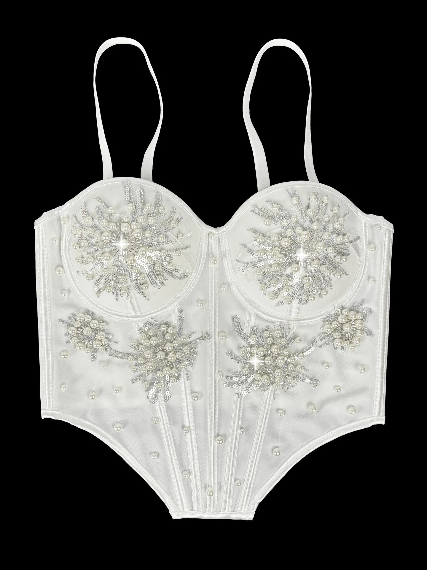 Pearl & Sequin Embroidered Floral Bustier Corset Top Asymmetric Camisole Bralette