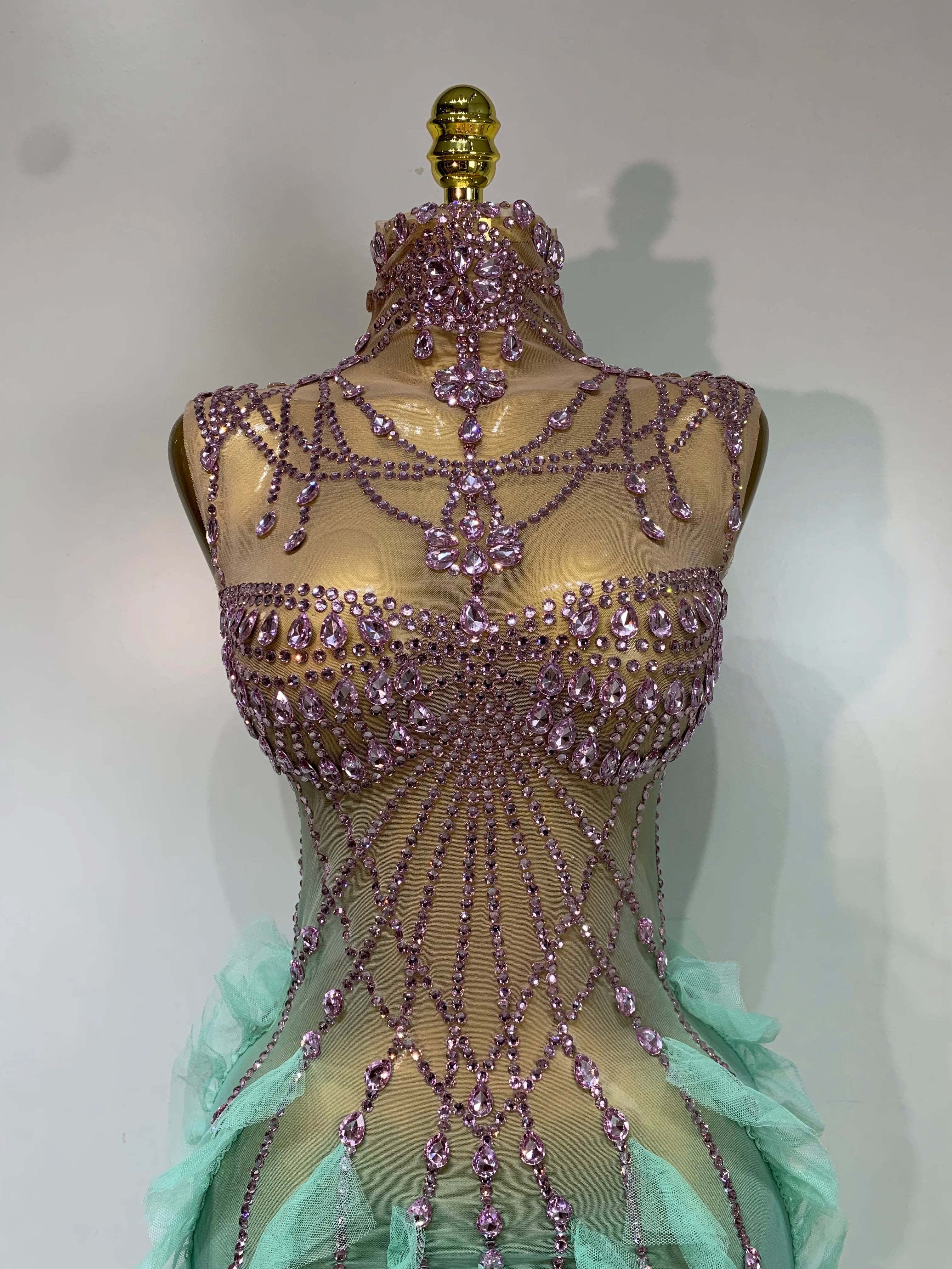 Mint Green Ombré Rhinestone Illusion Gown Tiered Ruffle Hem Maxi Stage Dress
