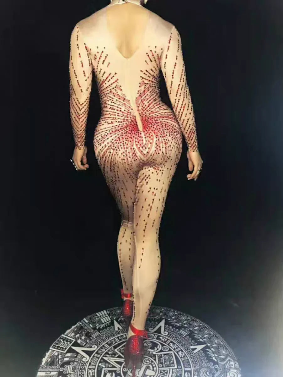 Crimson Red Rhinestone Catsuit Long Sleeve Illusion Stage Performance Jumpsuit
