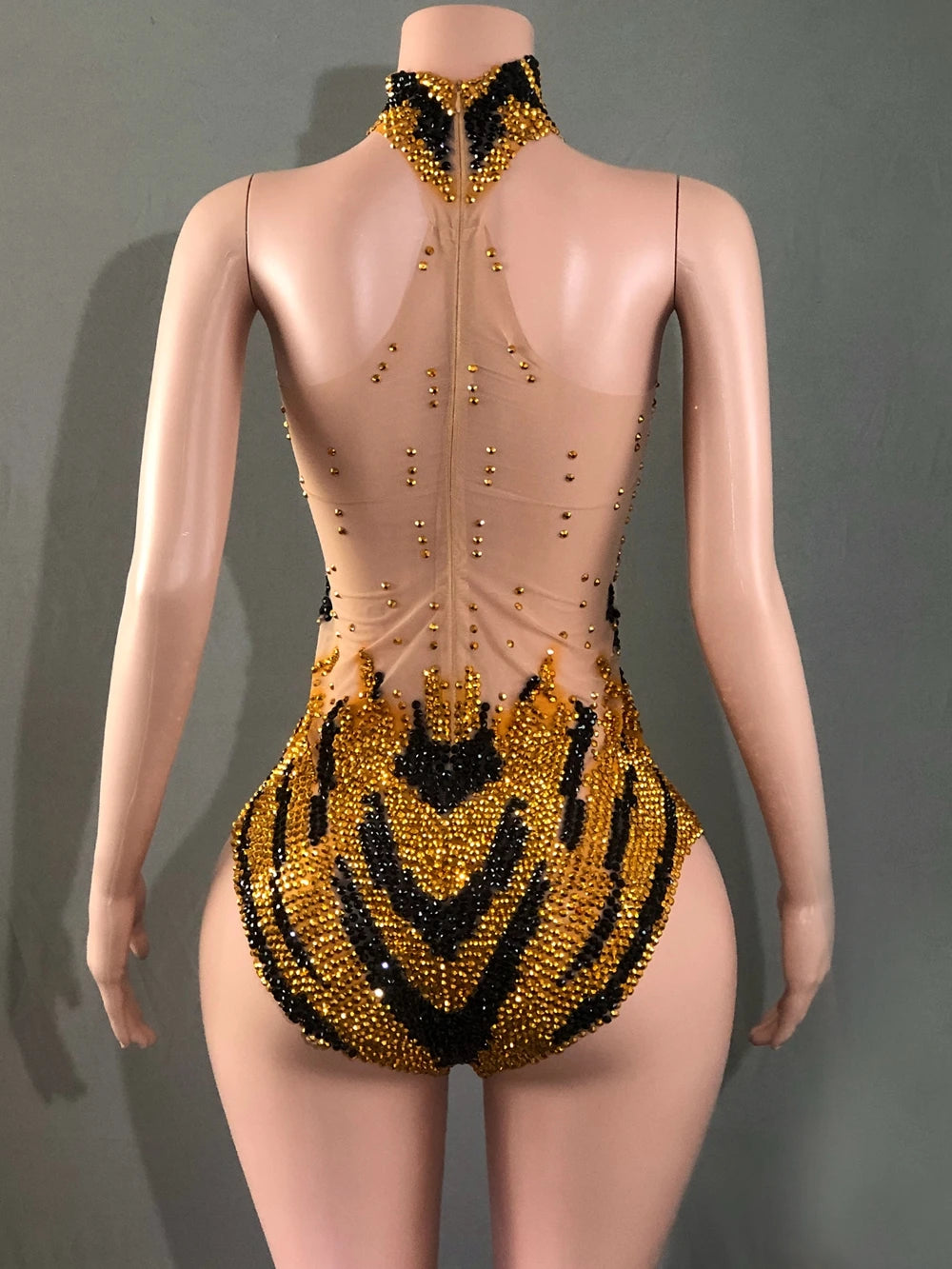 Sparkly Rhinestone Transparent Mesh Bodysuit Stage Performance Costume