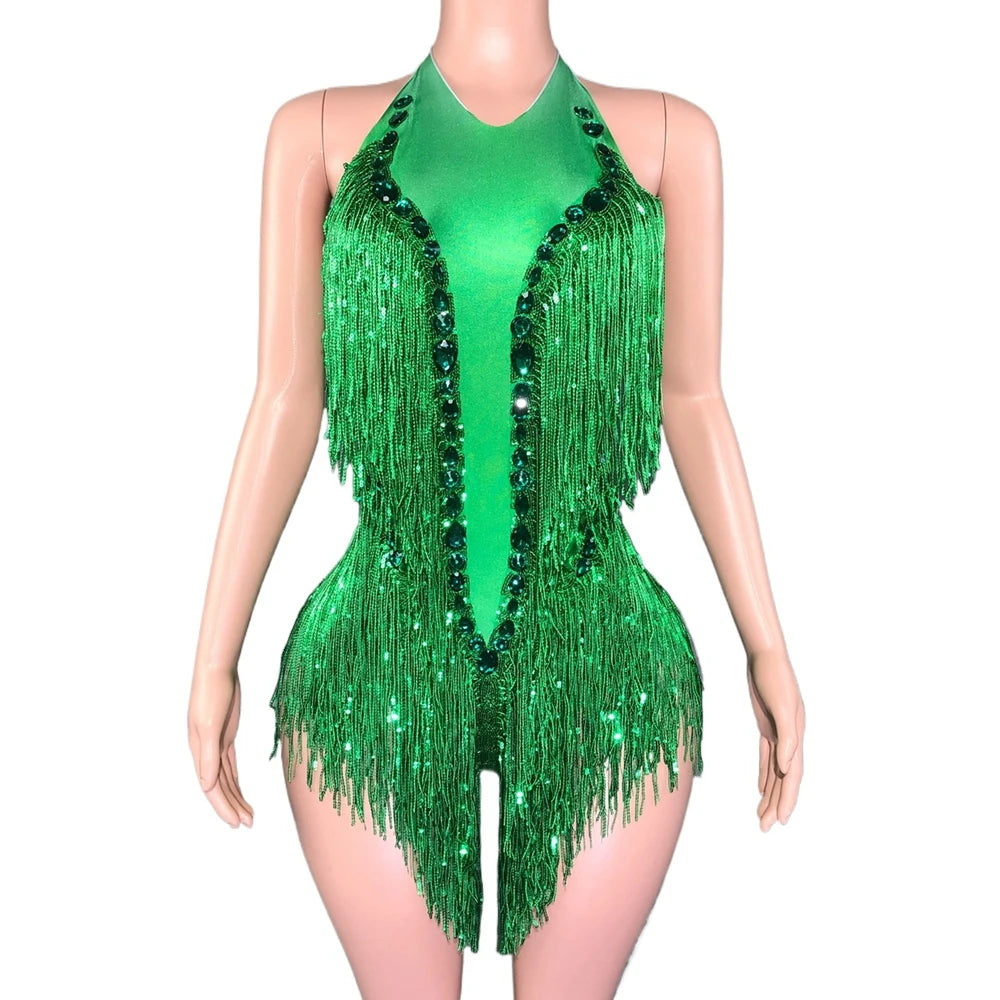 Sparkly Emerald Green Rhinestone Sequin Fringe Bodysuit Backless Stage Leotard