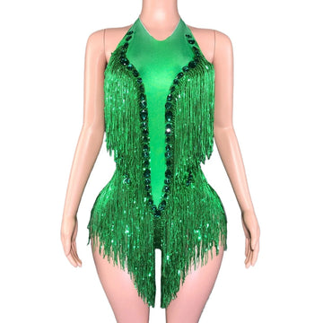Sparkly Emerald Green Rhinestone Sequin Fringe Bodysuit Backless Stage Leotard