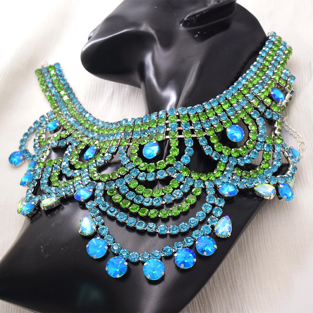 Oversized Aqua & Light Green Crystal Rhinestone Choker Drag Queen Pageant Necklace