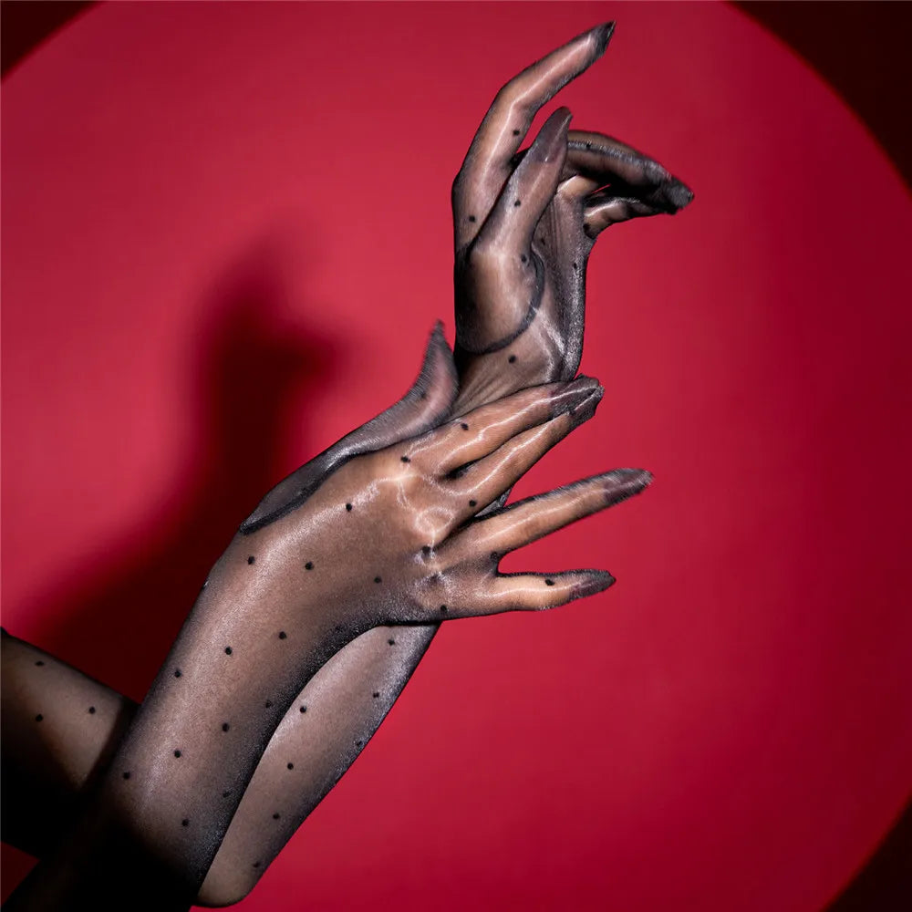 Sexy Women 1D Dot Ultra Thin Five Finger Long Glove Oil Shiny Glossy Sun Protection Glove Elastic Party Wedding Luxury Glove