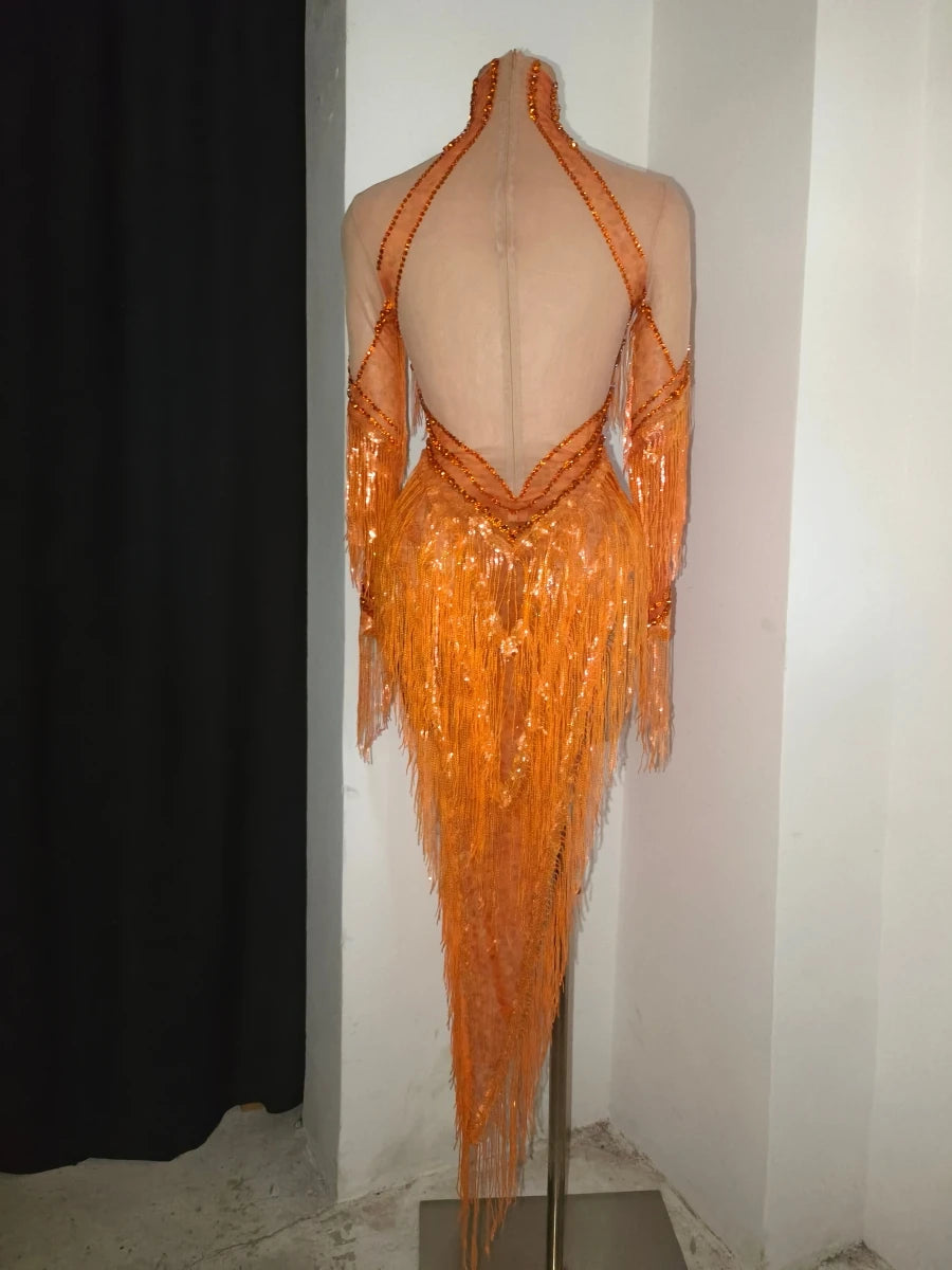 Orange Sparkly Crystal Fringe Bodysuit Off-Shoulder Stage Performance Costume Leotard
